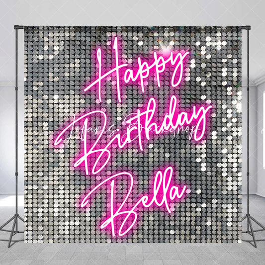 Lofaris Custom Silver Sequin Shimmer Happy Birthday Neon Pink Backdrop Personalized Party Decoration
