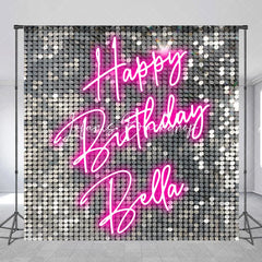 Lofaris Custom Silver Sequin Shimmer Happy Birthday Neon Pink Backdrop Personalized Party Decoration