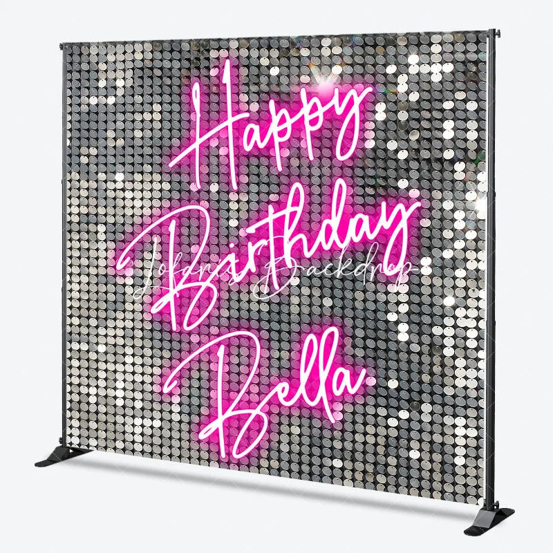 Lofaris Custom Silver Sequin Shimmer Happy Birthday Neon Pink Backdrop Personalized Party Decoration