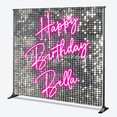 Lofaris Custom Silver Sequin Shimmer Happy Birthday Neon Pink Backdrop Personalized Party Decoration