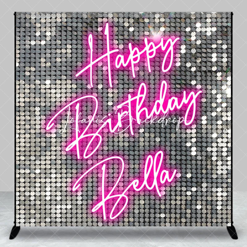 Lofaris Custom Silver Sequin Shimmer Happy Birthday Neon Pink Backdrop Personalized Party Decoration