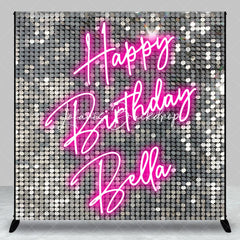 Lofaris Custom Silver Sequin Shimmer Happy Birthday Neon Pink Backdrop Personalized Party Decoration