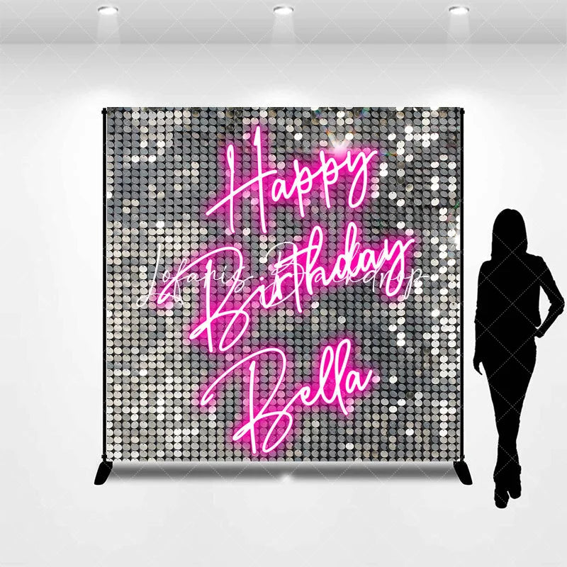 Lofaris Custom Silver Sequin Shimmer Happy Birthday Neon Pink Backdrop Personalized Party Decoration