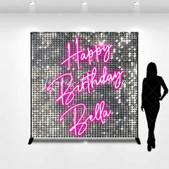 Lofaris Custom Silver Sequin Shimmer Happy Birthday Neon Pink Backdrop Personalized Party Decoration