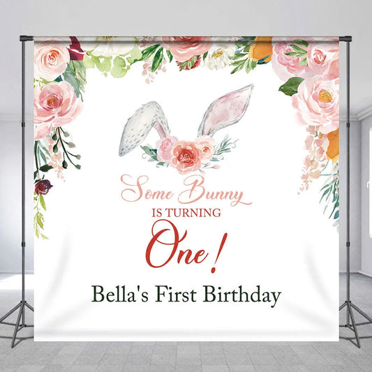 Lofaris Custom Some Bunny Is Turning One Backdrop Watercolor Floral Rabbit Ears Background Personalized Name First Birthday Decor