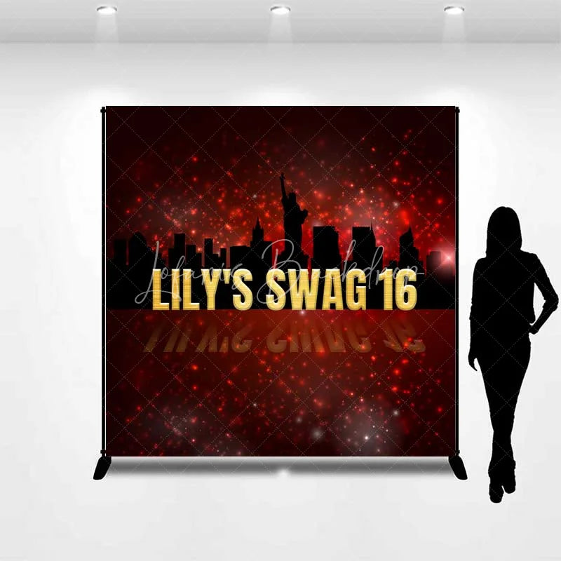 Lofaris Custom Swag 16th Birthday Backdrop New York City Skyline Silhouette and Red Glitter Sparkle Party Banner