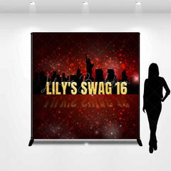 Lofaris Custom Swag 16th Birthday Backdrop New York City Skyline Silhouette and Red Glitter Sparkle Party Banner