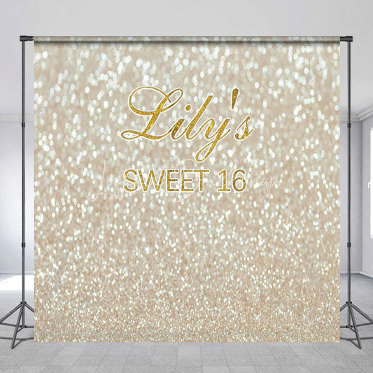 Lofaris Custom Sweet 16 Backdrop Gold Glittery Bokeh Spots Background Personalized Name Sixteenth Birthday Party Decoration