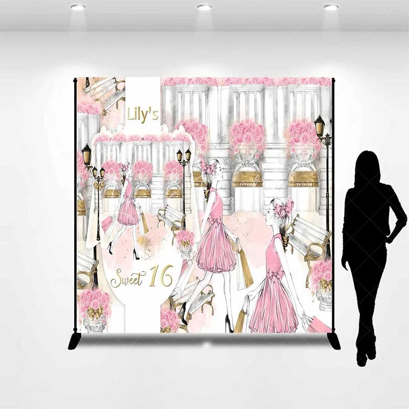 Lofaris Custom Sweet 16 Backdrop Pink Fashion Girl Shopping in Paris with Roses and Bench Background