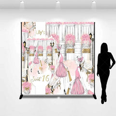 Lofaris Custom Sweet 16 Backdrop Pink Fashion Girl Shopping in Paris with Roses and Bench Background