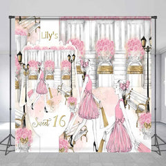 Lofaris Custom Sweet 16 Backdrop Pink Fashion Girl Shopping in Paris with Roses and Bench Background