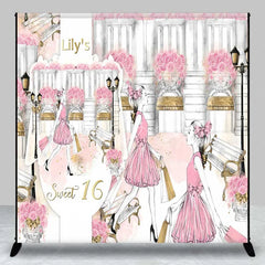 Lofaris Custom Sweet 16 Backdrop Pink Fashion Girl Shopping in Paris with Roses and Bench Background