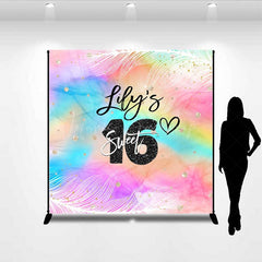 Lofaris Custom Sweet 16 Birthday Backdrop Rainbow Watercolor and Glitter Background Personalized Sixteenth Party Photo Prop
