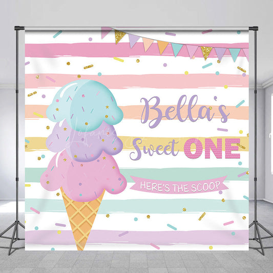 Lofaris Custom Sweet One Birthday Backdrop for Girl Ice Cream Cone and Sprinkles Pastel Here’s The Scoop Party Banner