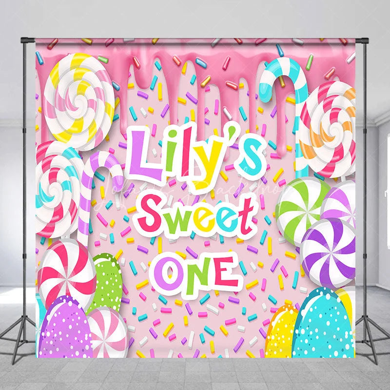 Lofaris Custom Sweet One First Birthday Backdrop Pink Candy Land with Colorful Lollipops and Sprinkles Decor