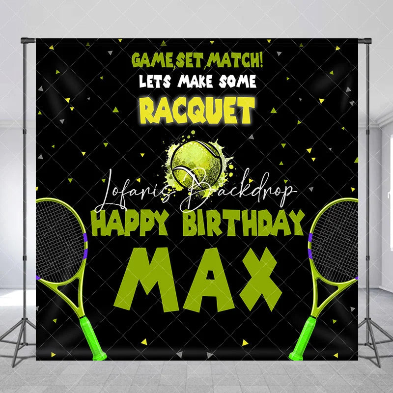 Lofaris Custom Tennis Theme Happy Birthday Backdrop with Rackets and Ball Game Set Match Party Decor