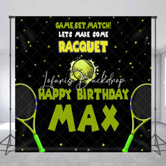 Lofaris Custom Tennis Theme Happy Birthday Backdrop with Rackets and Ball Game Set Match Party Decor