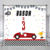 Lofaris Custom Third Birthday Race Car Backdrop Vintage Red and Checkered Flag Personalized Boys Racing Party Decor
