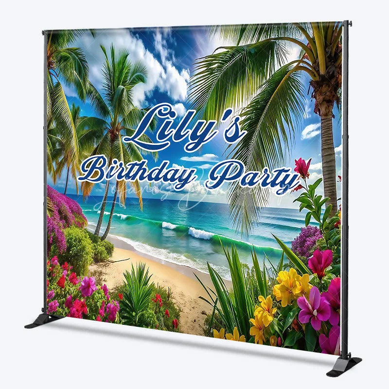 Lofaris Custom Tropical Beach Birthday Party Backdrop Palm Trees and Vibrant Flowers for Photo