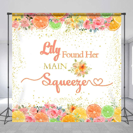 Lofaris Custom Watercolor Citrus Floral Backdrop with Gold Glitter Personalized Found Her Squeezer Bridal Shower Decor