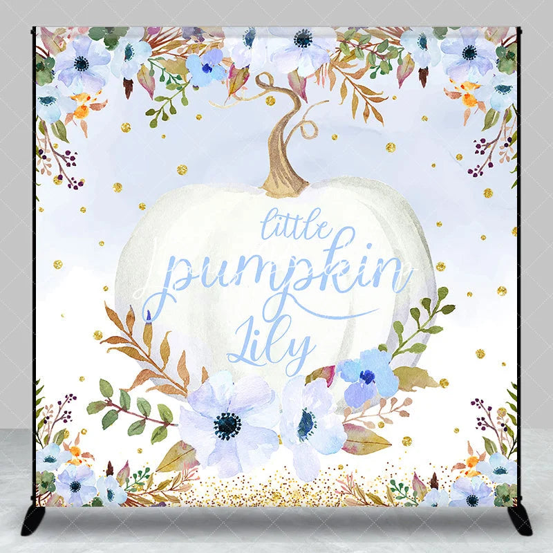 Lofaris Custom Watercolor Little Pumpkin Backdrop Blue and White Floral Golden Glitter for Autumn Baby Shower Party
