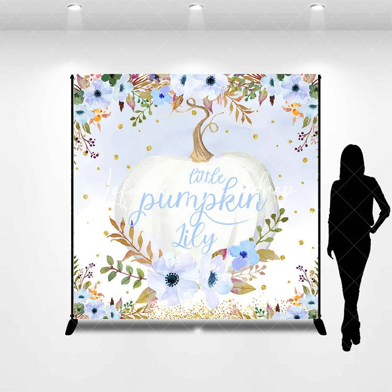 Lofaris Custom Watercolor Little Pumpkin Backdrop Blue and White Floral Golden Glitter for Autumn Baby Shower Party