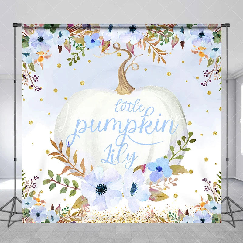 Lofaris Custom Watercolor Little Pumpkin Backdrop Blue and White Floral Golden Glitter for Autumn Baby Shower Party
