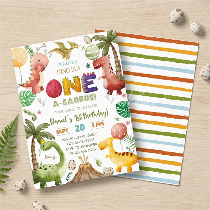 Lofaris Custom Watercolor Set of 20 Dinosaur One A-Saurus 1st Birthday Invitation Jungle Theme Party Supplies for Kids