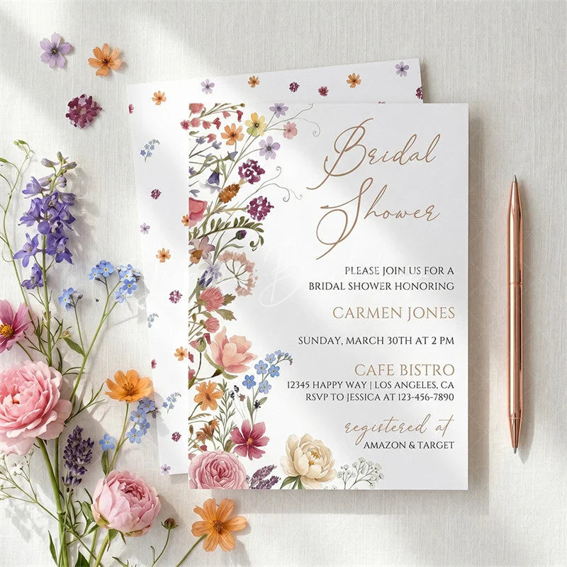 Lofaris Custom Watercolor Set of 20 Wildflower Bridal Shower Invitation Elegant Floral Garden Party Design