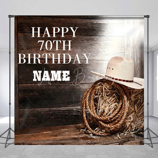 Lofaris Custom Western Happy 70th Birthday Backdrop with Rustic Wood Planks Cowboy Hat and Hay Bale Decor