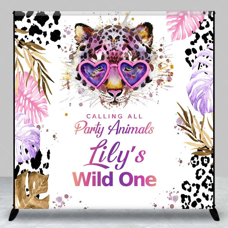 Lofaris Custom Wild One 1st Birthday Backdrop Leopard with Heart Glasses and Tropical Leaves Party Background
