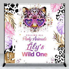 Lofaris Custom Wild One 1st Birthday Backdrop Leopard with Heart Glasses and Tropical Leaves Party Background