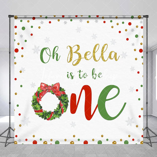 Lofaris Custom Winter First Birthday Backdrop with Christmas Wreath Gold Glitter Snowflakes and Red Green Confetti.