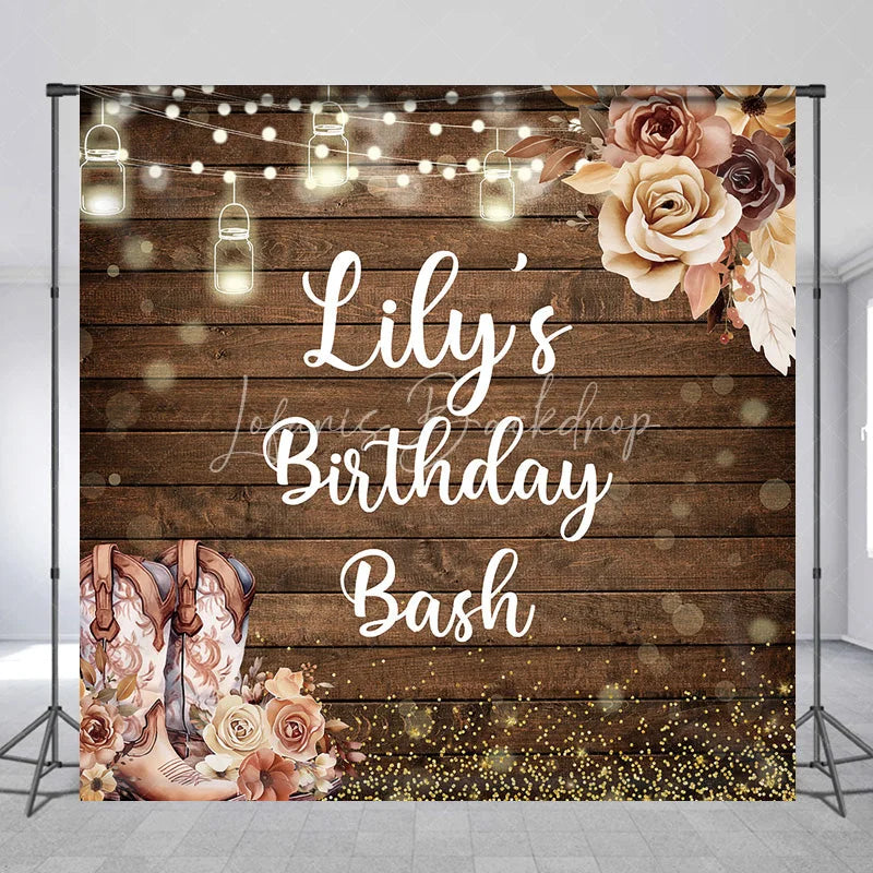 Lofaris Custom Wooden Birthday Bash Backdrop with Rustic Cowboy Boots String Lights and Golden Glitter