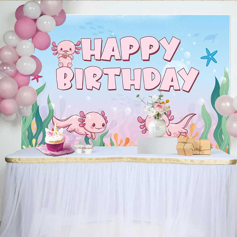 Lofaris Cute Axolotl Happy Birthday Backdrop for Kids Under The Sea Party Banner Pink Cartoon Animal Photo Prop Decor