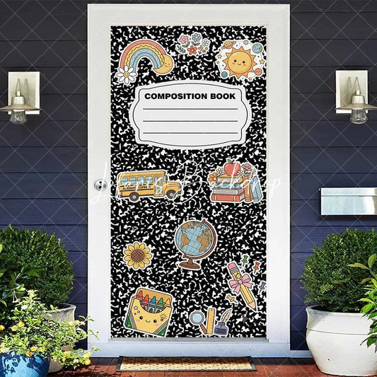 Lofaris Cute Back to School Composition Book Door Cover with Bus Books and Globe for Classroom Decor