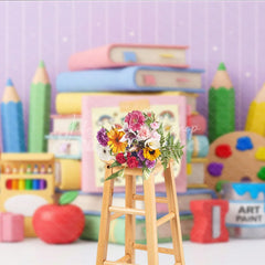 Lofaris Cute Back to School Photography Backdrop with Books Pencils and Art Supplies Pastel Colors Stars