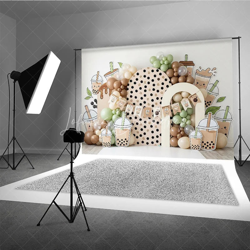 Lofaris Cute Boba Tea Theme Photography Backdrop with Polka Dot Arch and Pastel Balloons Sweet Birthday Party Decor