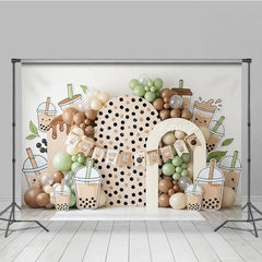 Lofaris Cute Boba Tea Theme Photography Backdrop with Polka Dot Arch and Pastel Balloons Sweet Birthday Party Decor