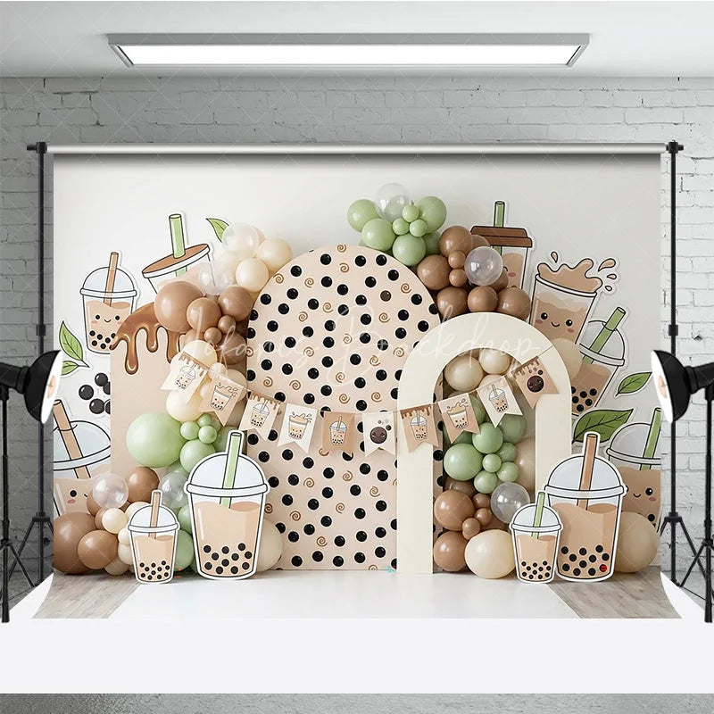 Lofaris Cute Boba Tea Theme Photography Backdrop with Polka Dot Arch and Pastel Balloons Sweet Birthday Party Decor