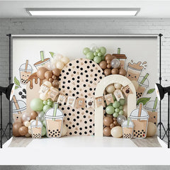 Lofaris Cute Boba Tea Theme Photography Backdrop with Polka Dot Arch and Pastel Balloons Sweet Birthday Party Decor