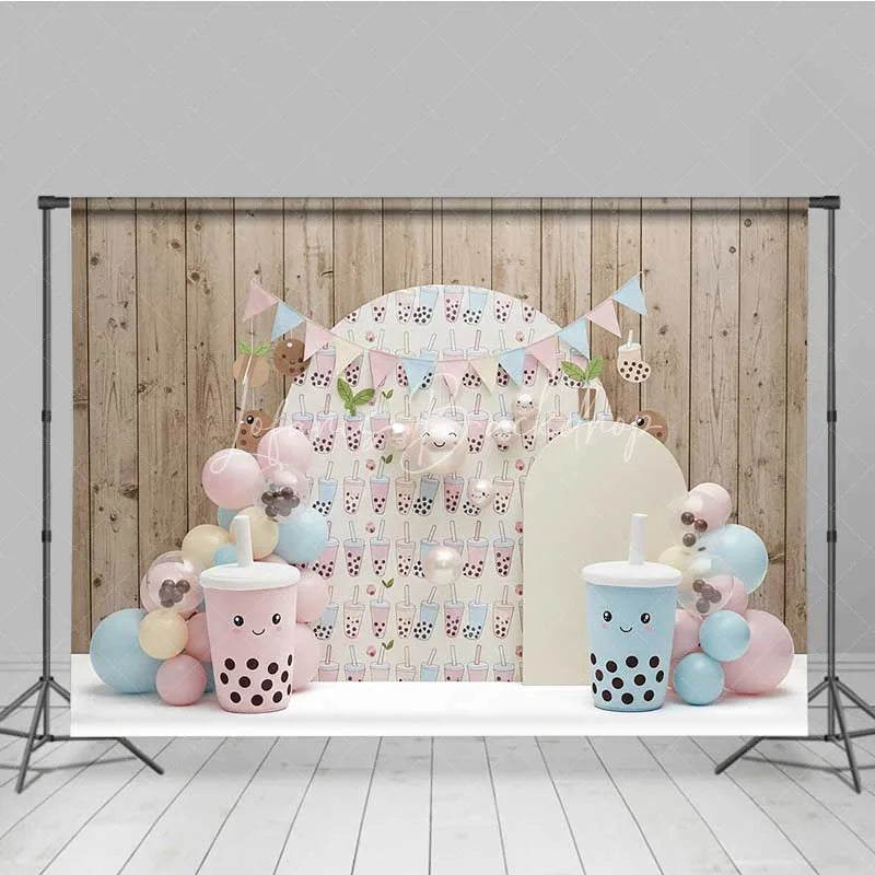 Lofaris Cute Bubble Tea Backdrop Pastel Boba Milk Cup Photography Background Kawaii Girls Birthday Party Decoration