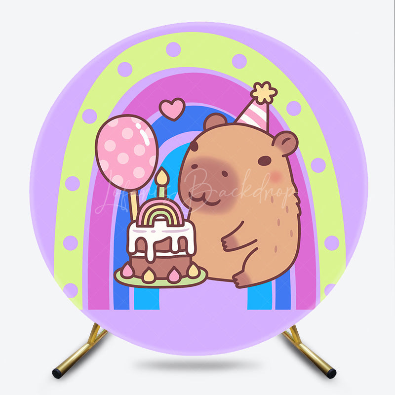 Lofaris Cute Capybara Birthday Party Round Backdrop Kit Pastel Rainbow and Cake Kawaii Animal Theme for Kids Decor