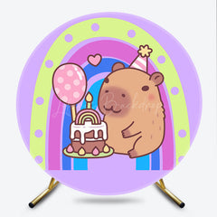 Lofaris Cute Capybara Birthday Party Round Backdrop Kit Pastel Rainbow and Cake Kawaii Animal Theme for Kids Decor