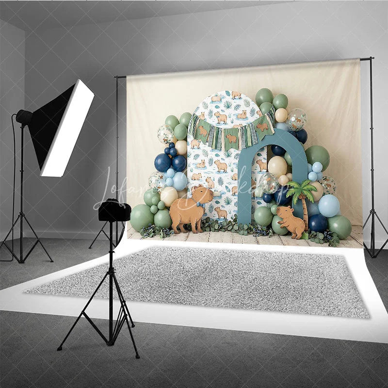 Lofaris Cute Capybara Photography Backdrop with Tropical Leaves and Jungle Animals perfect for Kids Birthday Party Decor