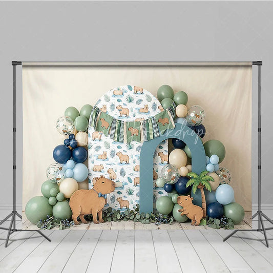 Lofaris Cute Capybara Photography Backdrop with Tropical Leaves and Jungle Animals perfect for Kids Birthday Party Decor