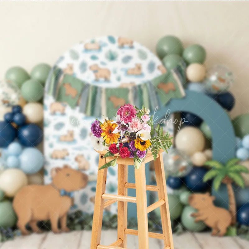 Lofaris Cute Capybara Photography Backdrop with Tropical Leaves and Jungle Animals perfect for Kids Birthday Party Decor