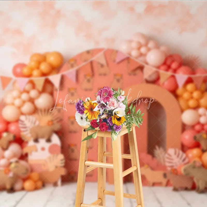 Lofaris Cute Capybara with Flower Crowns Photography Backdrop Peach Coral Balloon Garland Birthday Party Decor