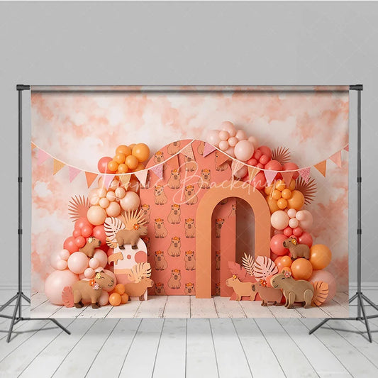 Lofaris Cute Capybara with Flower Crowns Photography Backdrop Peach Coral Balloon Garland Birthday Party Decor