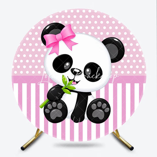 Lofaris Cute Cartoon Baby Panda with Pink Bow and Bamboo Round Backdrop Polka Dot Striped for Shower